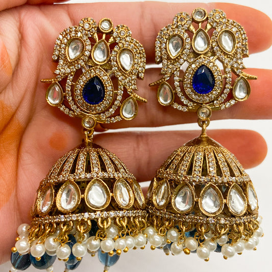 Mossinite jhumka - blue earrings