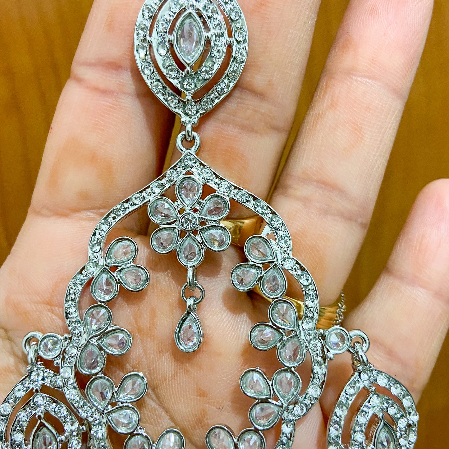 Oversized  zircon polki earrings- silver