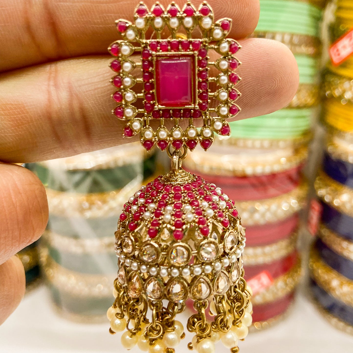 Jdau jhumki earrings- hot pink