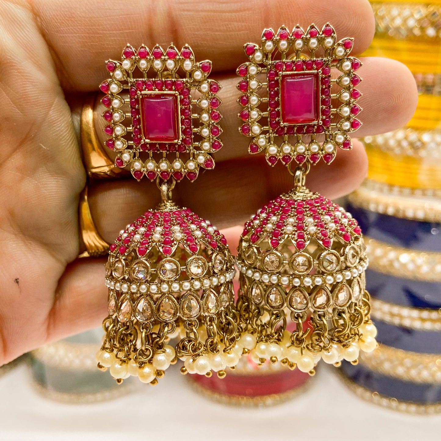 Jdau jhumki earrings- hot pink