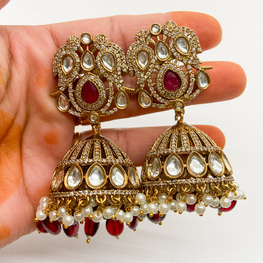 Mossinite jhumka - maroon earrings