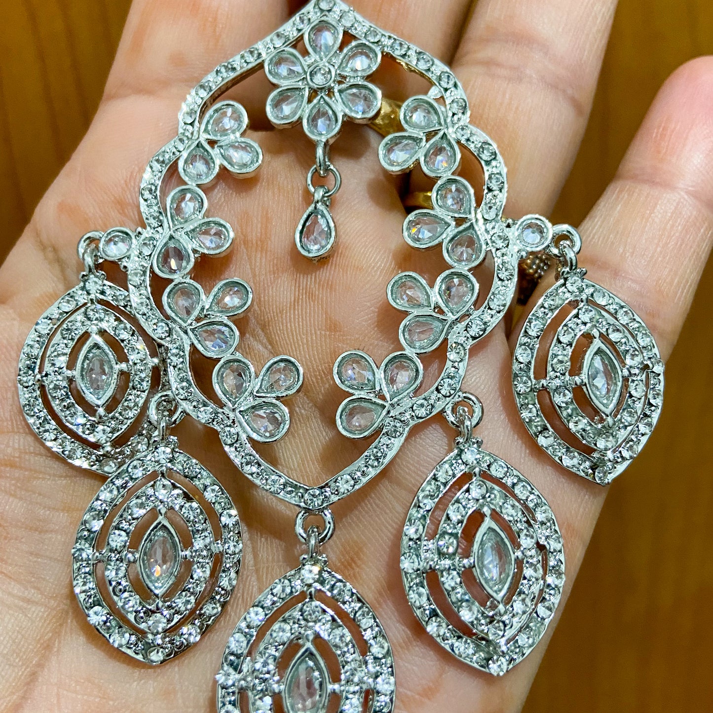 Oversized  zircon polki earrings- silver